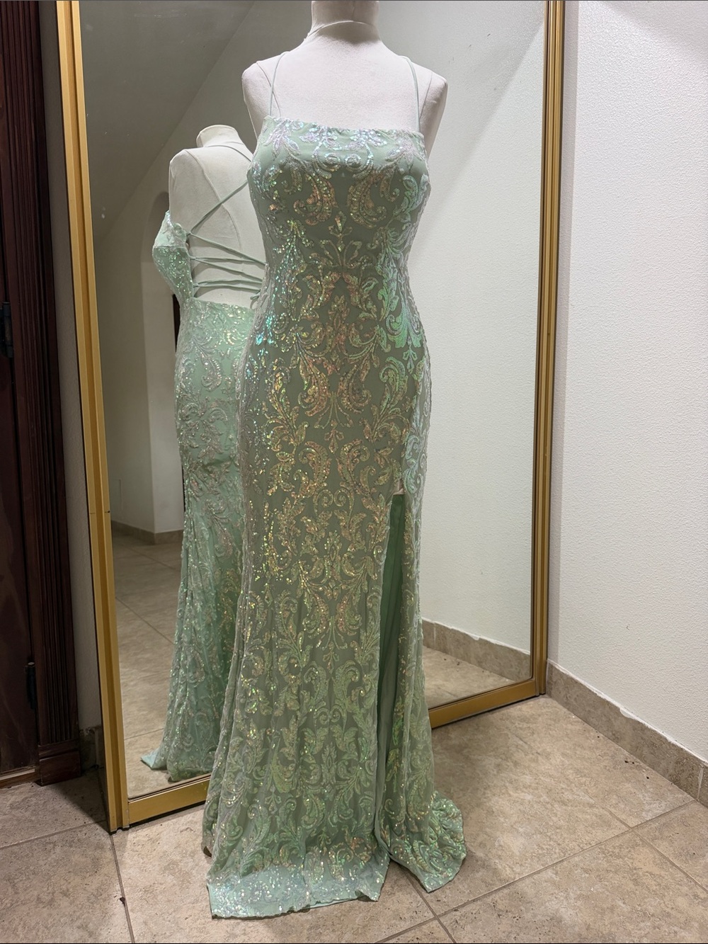 Windsor Mint Green Sequin Lace Prom Gown with Slit